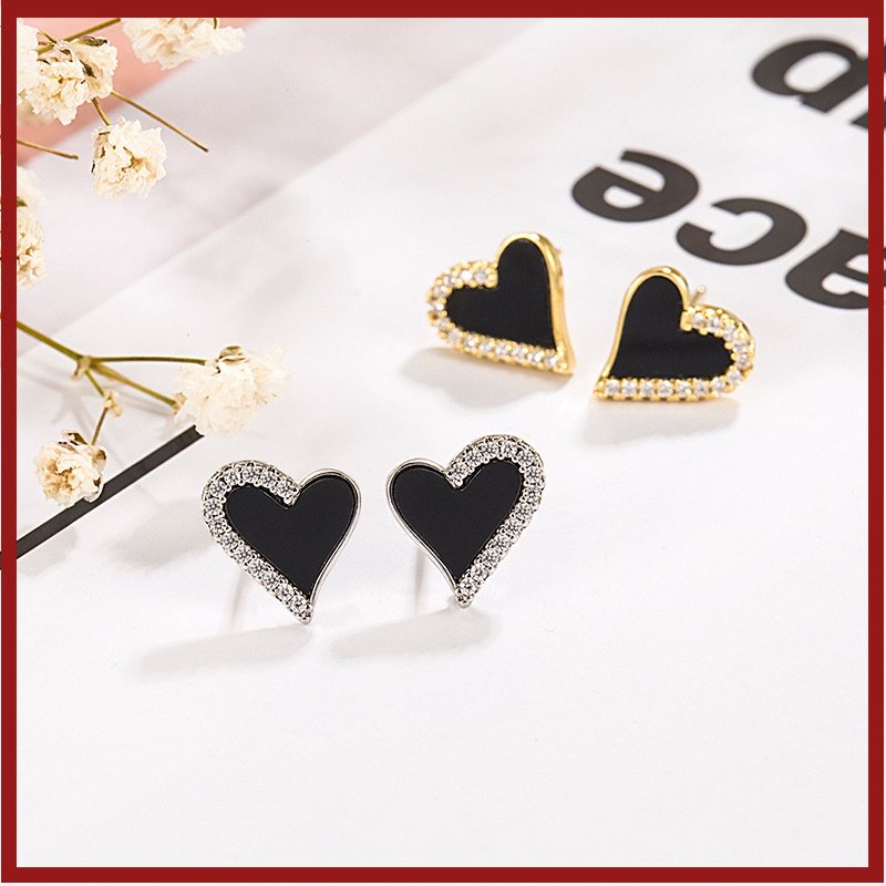 S925 Perak Manis Keren Hitam Bentuk Hati Dengan Berlian Stud Earrings Sederhana Canggih Halus Anting U1811