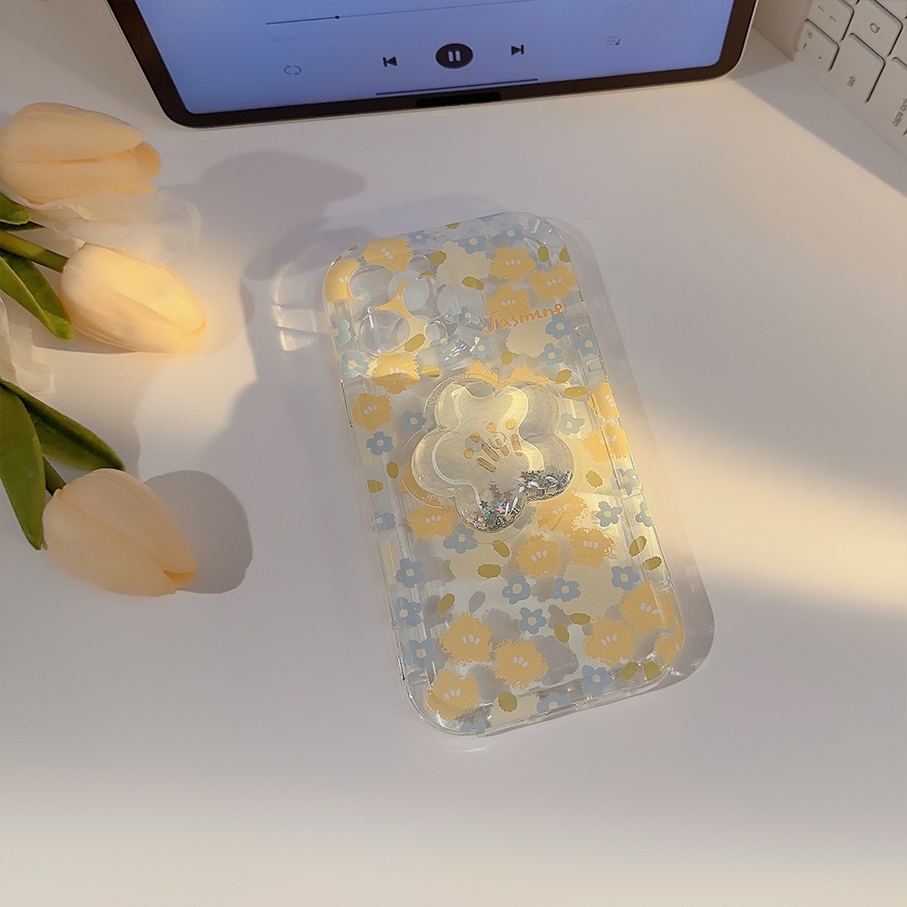 IPHONE Musim Panas Kuning Floral Transparan Anti-Jatuh Casing Ponsel Cover Dengan Pasir Hisap Glitter 3D Tempat Bunga Untuk Iphone11 12 13 14 PLUS PRO MAX