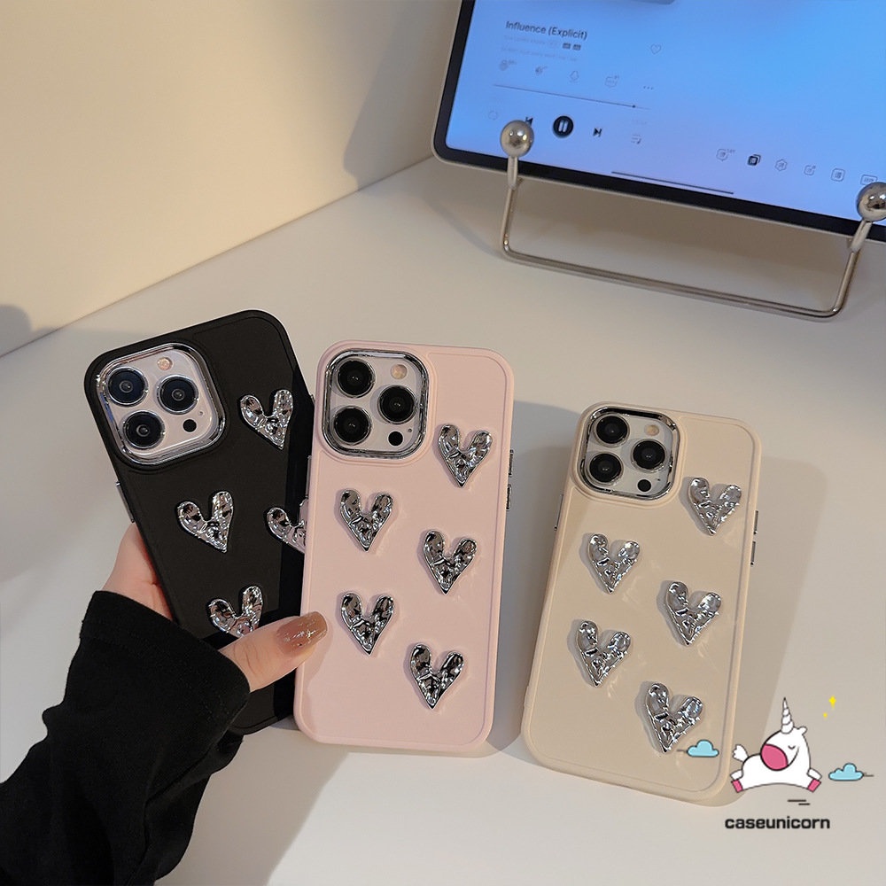 Mewah Lanjutan 3D Love Heart Plating Square Case Kompatibel untuk iPhone 7Plus 13 11 XR 14 12 Pro MAX X 8Plus XS MAX Fashion Sederhana Warna Solid Macaron Warna Permen Penutup Ponsel Lembut