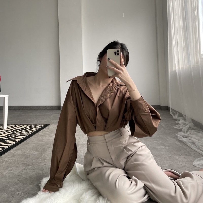 BEFAST - ZRX OOTD WANITA KEMEJA HADID / ALEXA CROP SHIRT / HEM Crop Wanita Keluaran Terbaru / OOTD Ala Wanita Korean Style / Fashion Kekinian Remaja ABG Trendy / Kemeja Crop Lengan Panjang Polos Casual