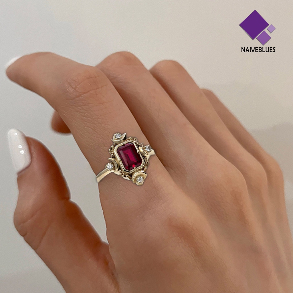 &lt; Naiveblues &gt; Wanita Cincin Persegi Merah Perhiasan Permata Imitasi Electroplating Rhinestones Ring Untuk