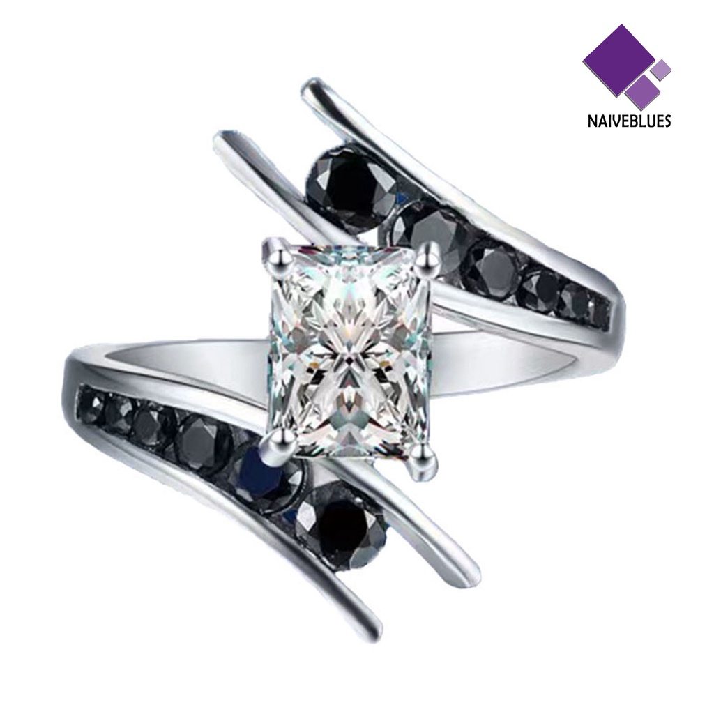 &lt; Naiveblues &gt; Hias Berlian Imitasi Hitam Wanita Cincin Pengerjaan Halus Square Zirconia Spiral Ring Jewelry