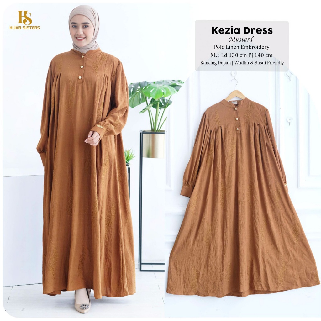 KEZIA Dress Jumbo ORI HIJAB SISTER | Gamis Terbaru Polo Linen Embroidery Polos LD 130