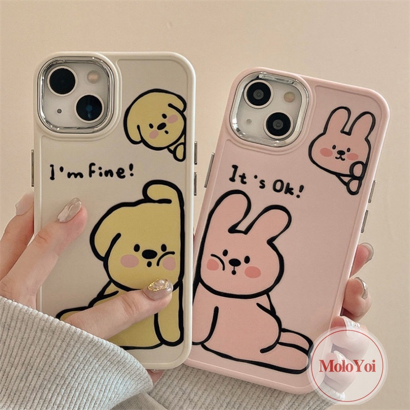 IPHONE Lukisan Cat Minyak Mewah Lucu Anjing Kelinci Ponsel Case Kompatibel Untuk Iphone11 12 13 14 Pro Max7 8 Plus XR X XS MAX Pecinta Lucu Kartun Soft Plating Metal Lensa Frame Pasangan Cover