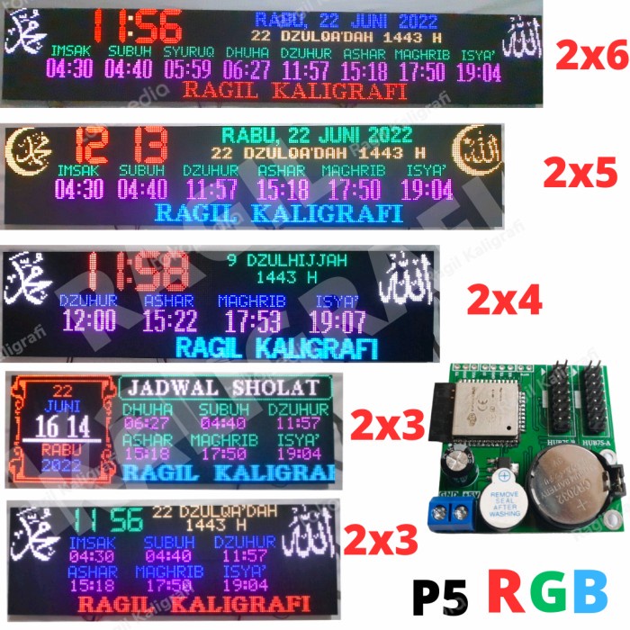 Kontroler JWS P5 RGB JUMBO 2 BARIS - Kontroler Jam Sholat digital RGB - 2 x 3 panel T1, Kontroler on