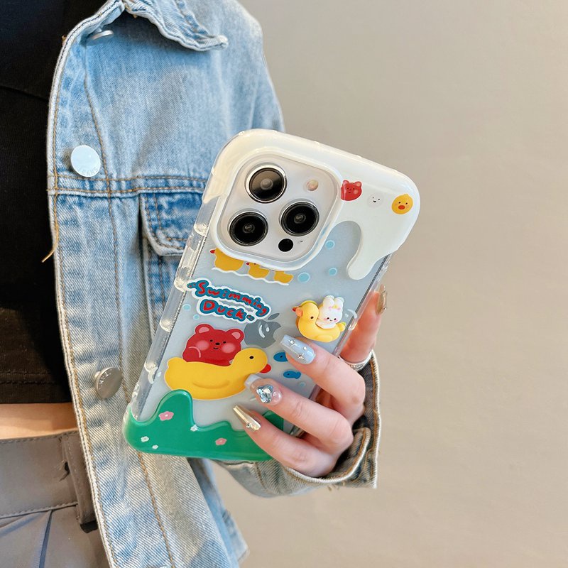 【3D Ice Cream】Summer So Cute Clear Yellow Duck Soft Case IPhone 7 8 Plus XR XS Max 11 12 13 14 Pro Max 14 Plus for Women Girl Gift Cartoon Lovely