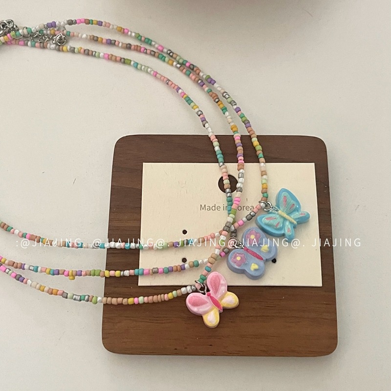 Fashion Pink Kupu-Kupu Liontin Kalung INS Warna Manis Manik-Manik Kalung Bohemian Etnik Panjang Kalung Perhiasan Hadiah