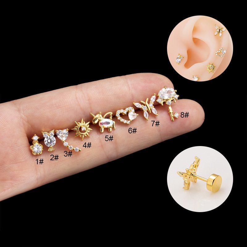 1biji Anting Tulang Rawan Tragus Helix Earring 20Gauge Piercing Stainless Steel Stud Kupu-Kupu Hati Burung Hantu Bentuk Kuda