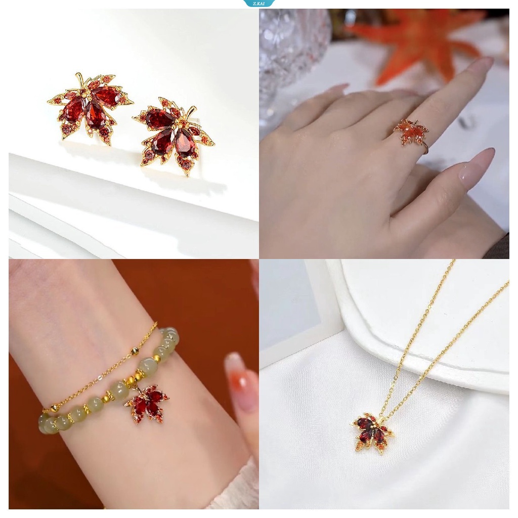 Permainan Genshin Impact Kaedehara Kazuha Cosplay Cincin Wanita Kalung Anting Perhiasan Adjustable Maple Leaf Pendant Choker Ear Studs [ZK]