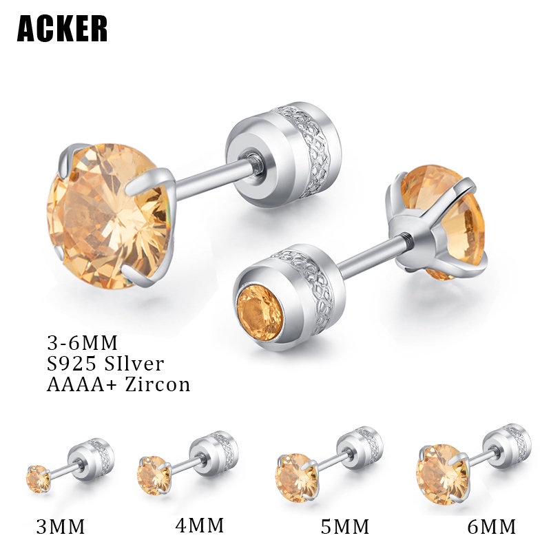 [ACKER] 3-6mm 1pasang 925silver Titanium Stainless Cubic Zirconia Emas Berlian AAA+Zircon Stud Earrings Untuk Wanita /Pria