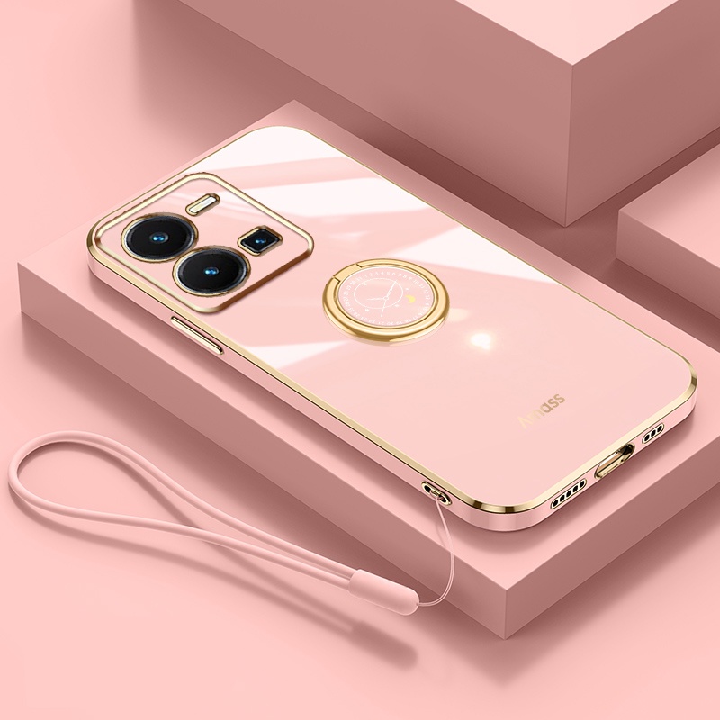 Andyh Casing Ponsel Silikon Ultra Tipis Untuk Vivo Y35 Deluxe Perlindungan Jatuh Pita Emas Dengan Cincin Jam Dan Lanyard Gratis