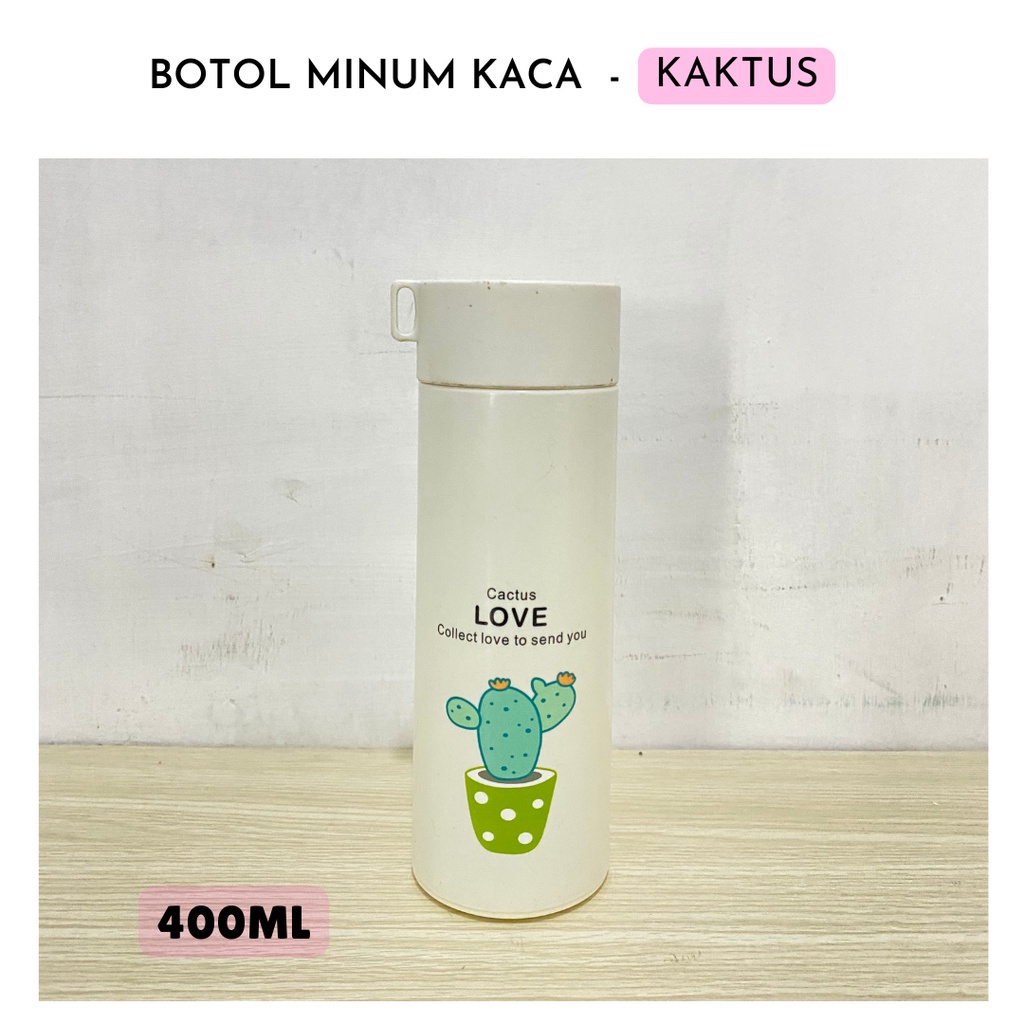 Botol Kaca 400 ML Gambar Kaktus / Tumbler Tempat Air Minum Anak Sekolah Lucu