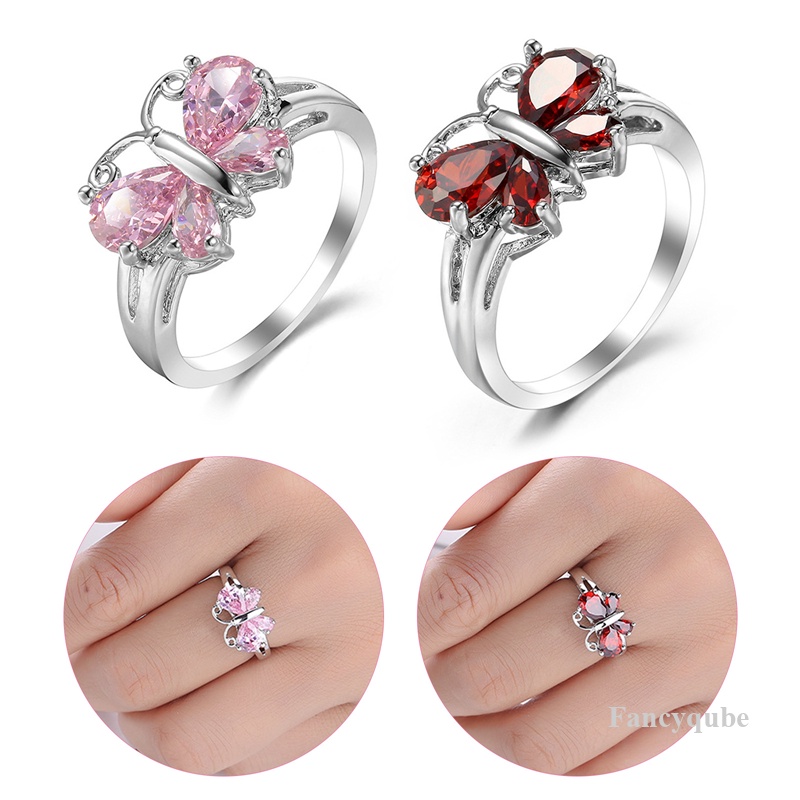 Cincin Jari CZ Butterfly Sparkling Pink Warna Silver Untuk Wanita Sterling Plata Jewelry Hadiah Natal
