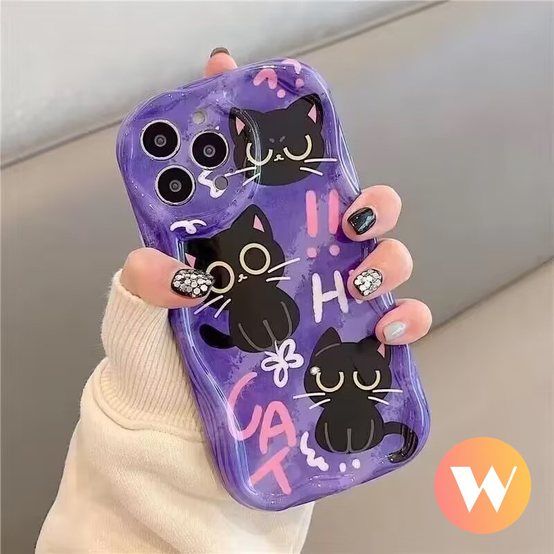 IPHONE Casing Tepi Melengkung Bergelombang 3D Kompatibel Untuk Iphone13 11 12 14 Pro Max7 8 6 6s Plus X XS Max SE 2020xr Lovely Kartun Kucing Lucu Dengan Ponsel Hloder Stand Bracket Soft Case Cover