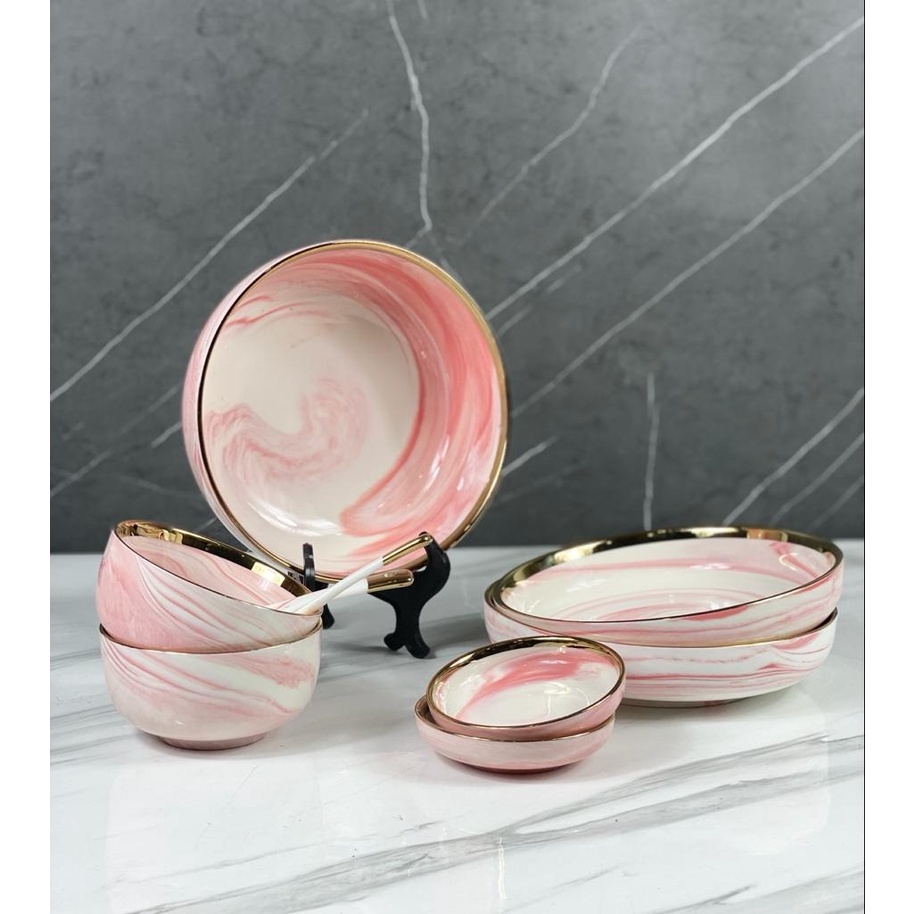 Piring Set 2 Orang Piring Makan Set Keramik Pink Marble Isi 9 Pcs / Piring Set Keramik List Emas / P