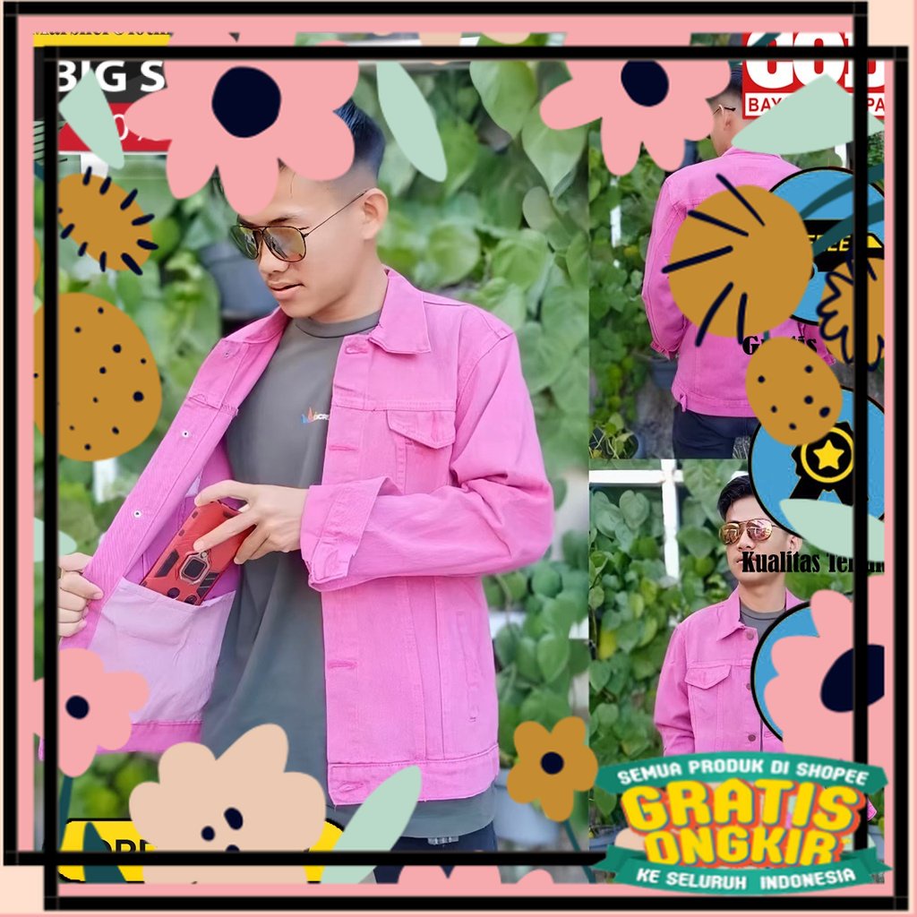 - JAKET JEANS PINK FANTA PRIA BAHAN DENIM TEBAL / JAKET DENIM PRIA BIG SIZE / JAKET JEANS COWOK / JA