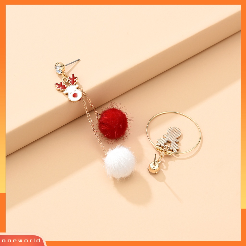 [ONE] 1pasang Anting Pejantan Asimetris Berlian Imitasi Mengkilap Merah Putih Pompom Cincin Besar Hadiah Lucu Natal Elk Drop Earrings Perhiasan Fashion