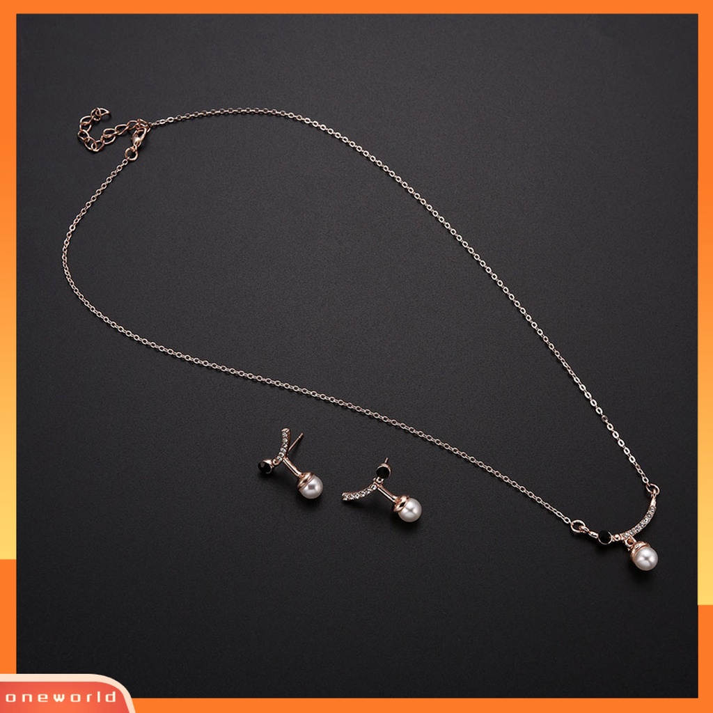 [ONE] 1set Set Perhiasan Geometris Mutiara Imitasi Berlian Imitasi Electroplating High Gloss Dekorasi Hypoallergenic Aksesoris Pengantin Kalung Anting Set Perhiasan Aksesori