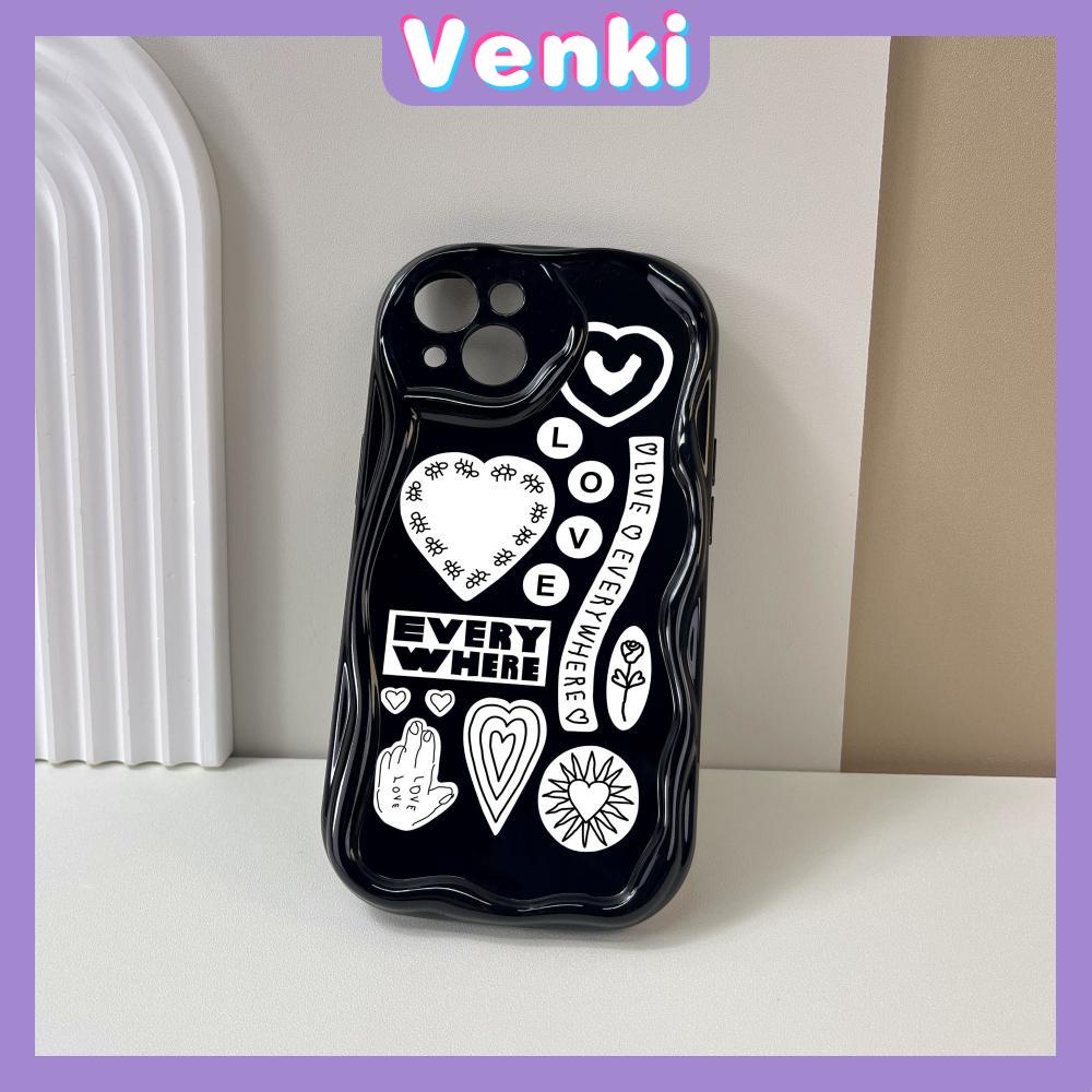 VENKI - Untuk iPhone 11 Case Curved Edge Wave Case Glossy Black TPU Airbag Shockproof Camera Case Surat Cinta Lucu Kompatibel dengan iPhone 14 13 Pro max 12 Pro Max xr xs 7Plus 8Plus