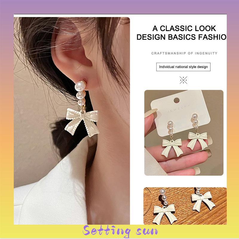 Anting S925 Simpul Busur Mutiara Perak Off-white Desain Anting Rasa untuk Wanita  TN