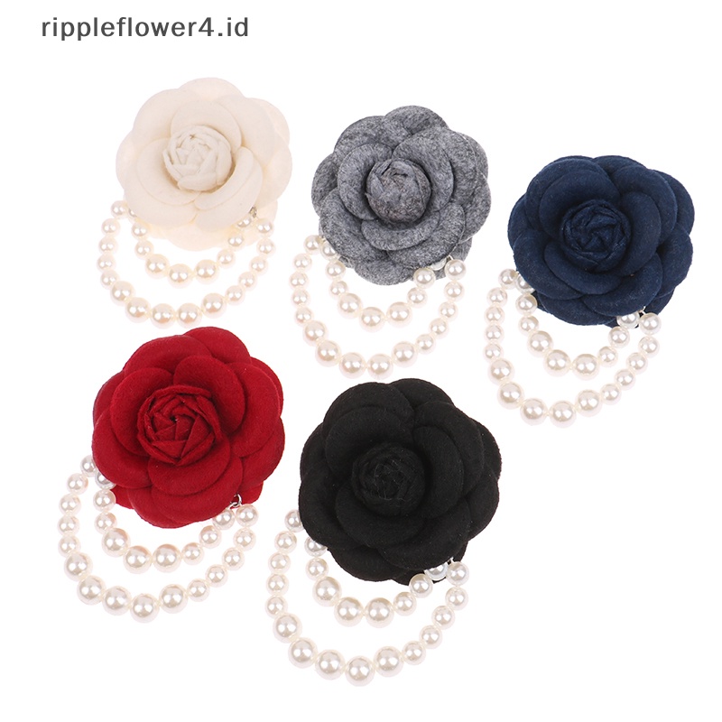{rippleflower4.id} Kain Korea Camellia Bunga Bros Pin Mutiara Rumbai Korsase Fashion Perhiasan Bros Untuk Wanita Kemeja Kerah Aksesoris Kain Korsase Pin Hadiah~