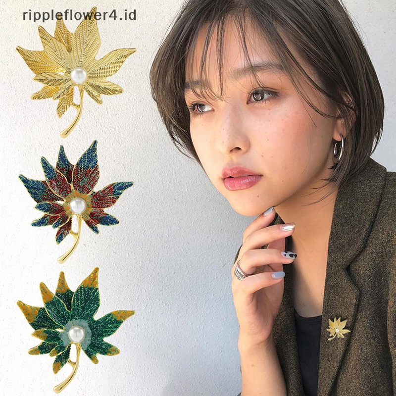 {rippleflower4.id} Pin Bros Daun Maple Kristal Warna-Warni Dengan Mutiara Palsu Wanita Lencana Lapel Pin~