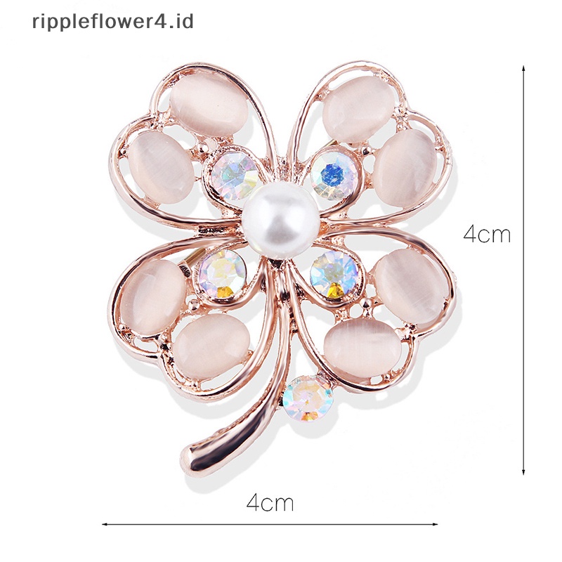 {rippleflower4.id} Lucky Clover Opal Batu Bros Kerah Pin Wanita Ladies Dress Jaket Mutiara Kristal Pin Aksesoris Perhiasan~