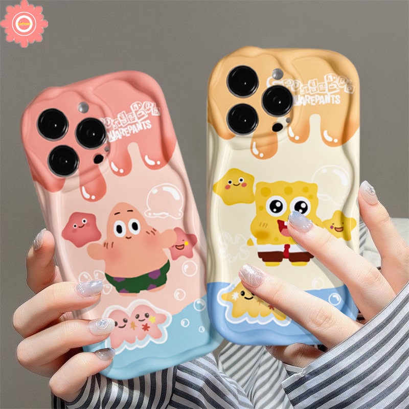 IPHONE  Lovely Ice Cream SpongeBob Patrick Kartun Lucu Casing Ponsel Kompatibel Untuk Iphone11 12 13 14 Pro Max XR 78 6s 6 Plus XR X XS Max SE 2020 3D Wavy Curved Edge Soft Tpu Case