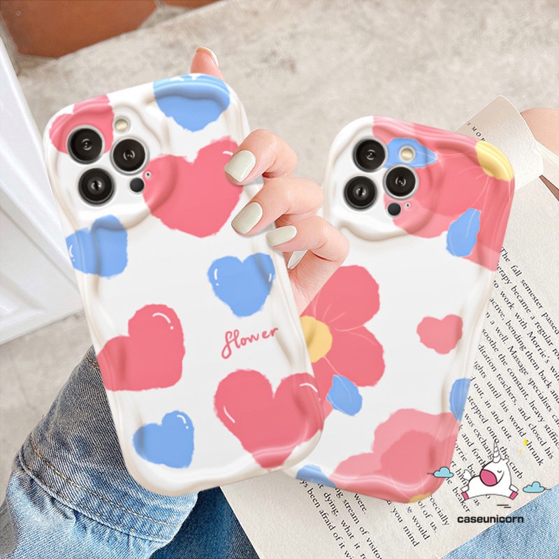 Untuk Samsung A12 A24 A14 A23 A32 A04s A50 A52 A52s A10s A13 A04 A50s A03s A21s A30s A02s A11 A03 A51 A30 A20s A31 A20 Macaron Color Flower 3D Wavy Curved Edge Cream Love Heart Case