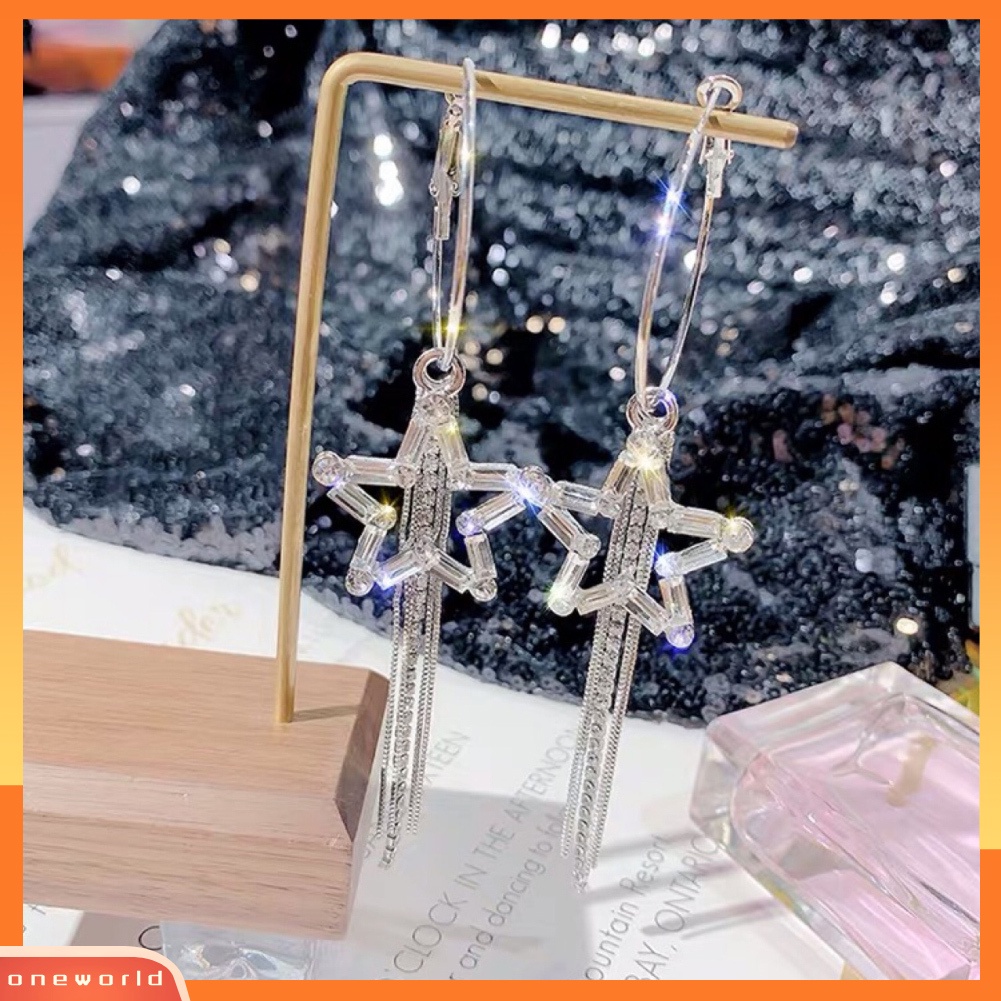 [WOD] Wanita Berlian Imitasi Berongga Bintang Panjang Rumbai Menjuntai Hoop Earrings Statement Jewelry