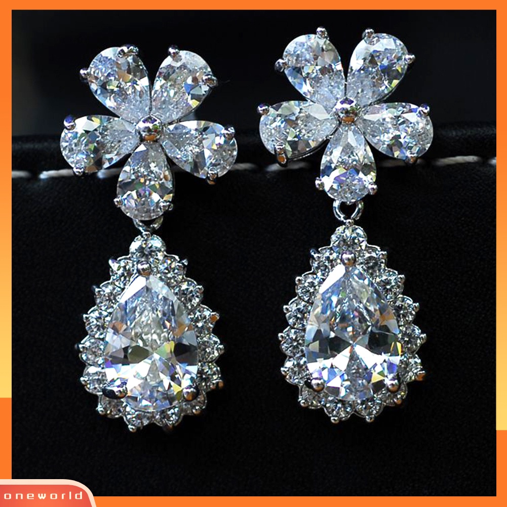 [WOD] Fashion Wanita Bunga Drop Pear Liontin Berlian Imitasi Menjuntai Stud Anting Perhiasan