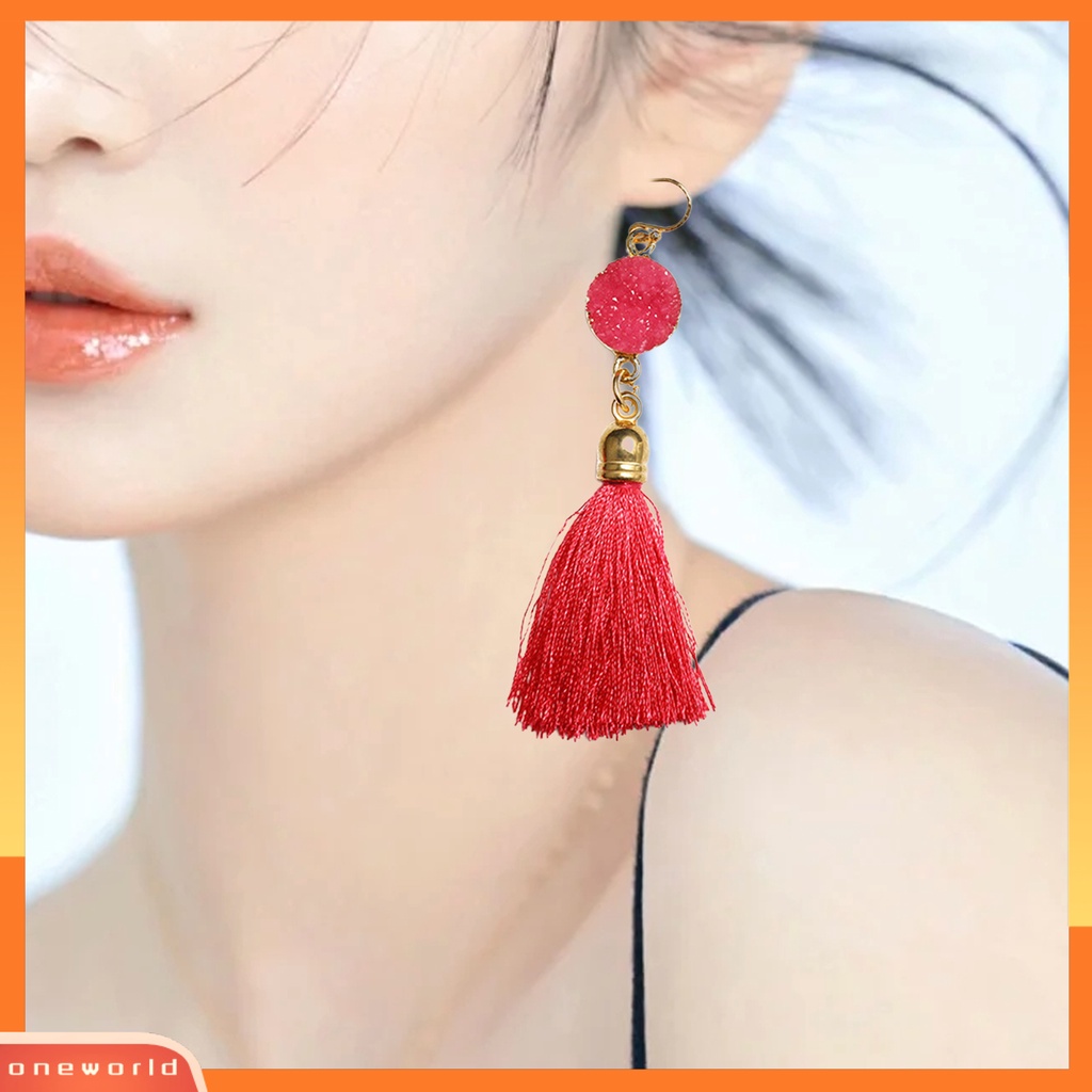 [WOD] 1pasang Anting Kait Bohemian Katun Ringan Garis Pinggiran Desain Menjuntai Earrings Aksesoris Telinga