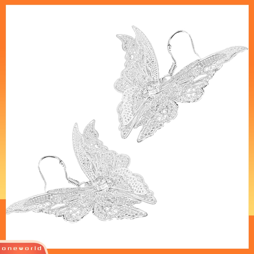 [WOD] Vintage Wanita Cubic Zirconia Hias Berongga Kupu-Kupu Drop Menjuntai Kait Anting