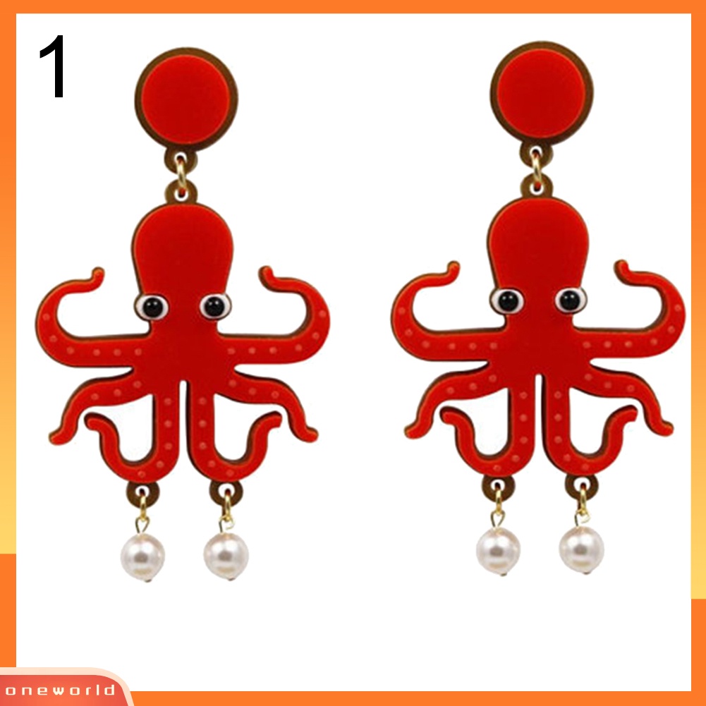 [WOD] Kreatif Lady Akrilik Lobster Gurita Mutiara Imitasi Liontin Statement Stud Earrings