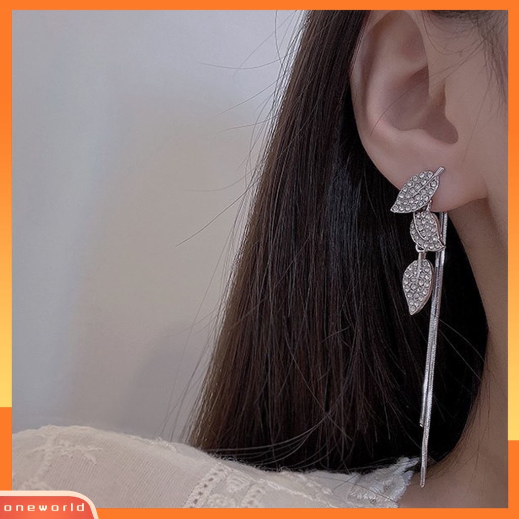 [WOD] 1pasang Anting Wanita Asimetris Mewah Mengkilap Bentuk Daun Rumbai Panjang Wanita Linear Earrings Prom Earrings