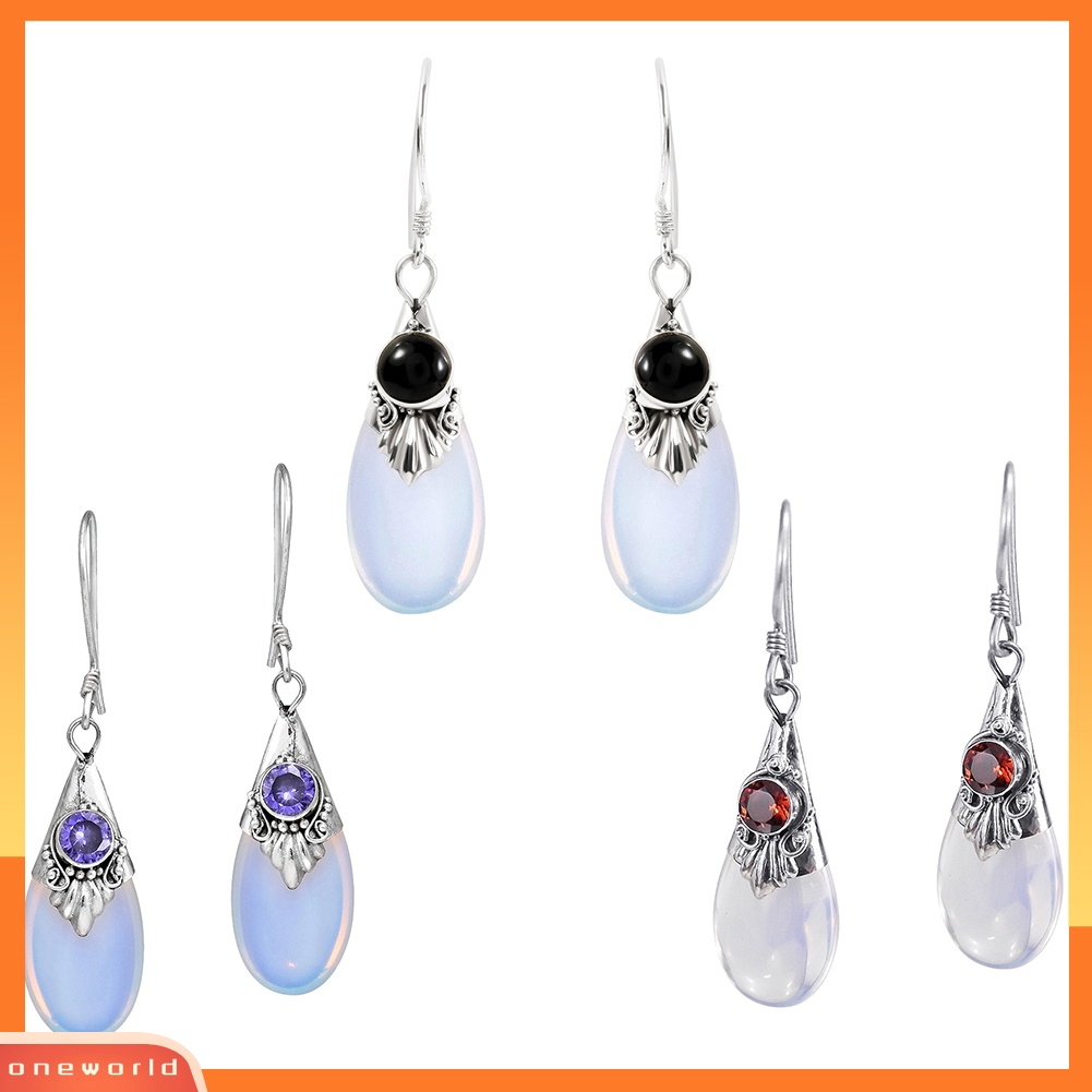 [WOD] Wanita Fashion Teardrop Drop Menjuntai Kait Anting Perhiasan Pesta Moonstone Imitasi