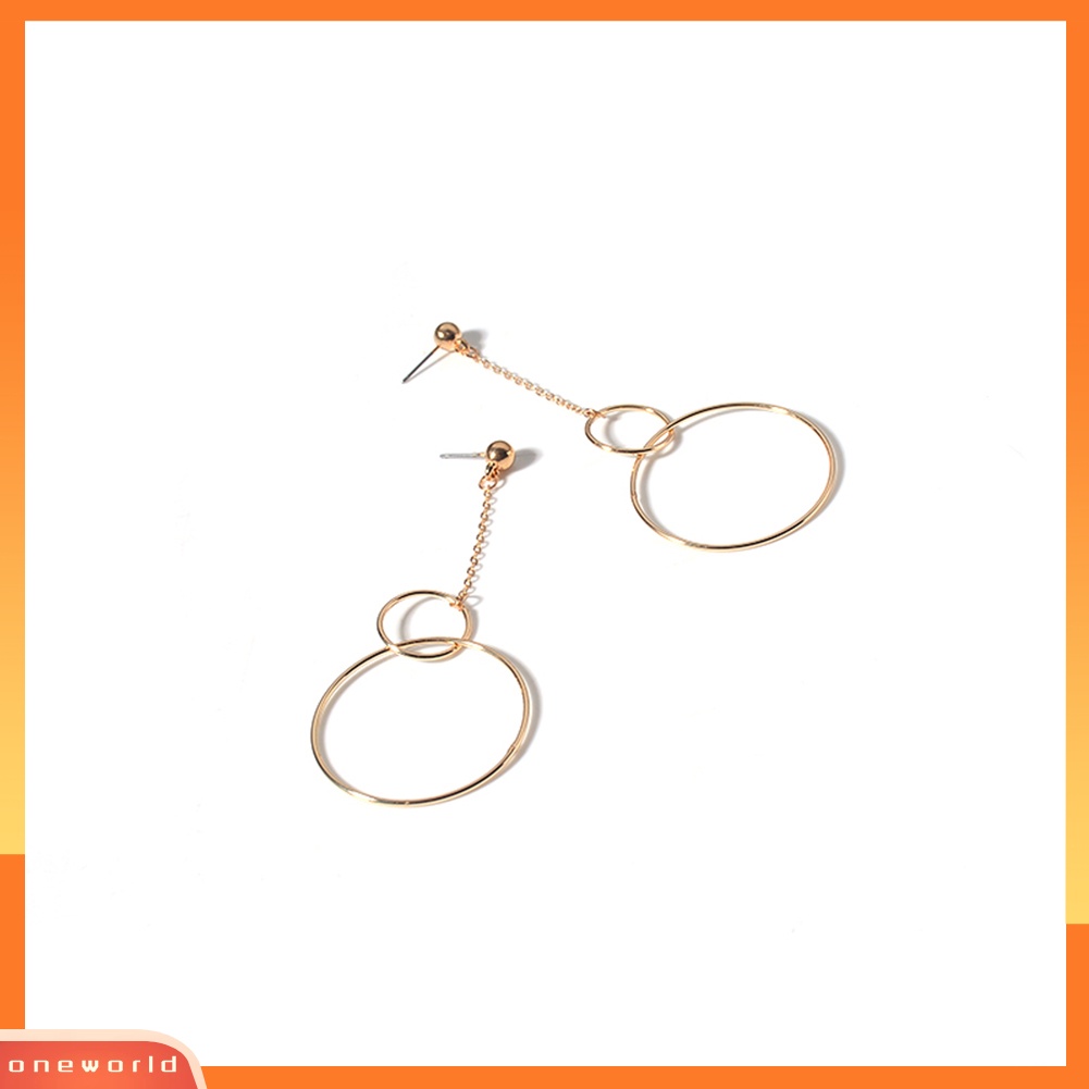 [WOD] Fashion Wanita Geometris Interlocking Metal Rings Anting Hoop Rantai Panjang