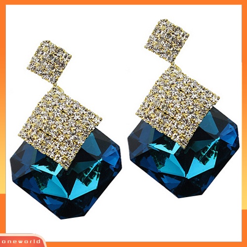 [WOD] Wanita Fashion Mewah Berkilau Besar Persegi Berlian Imitasi Liontin Drop Earrings