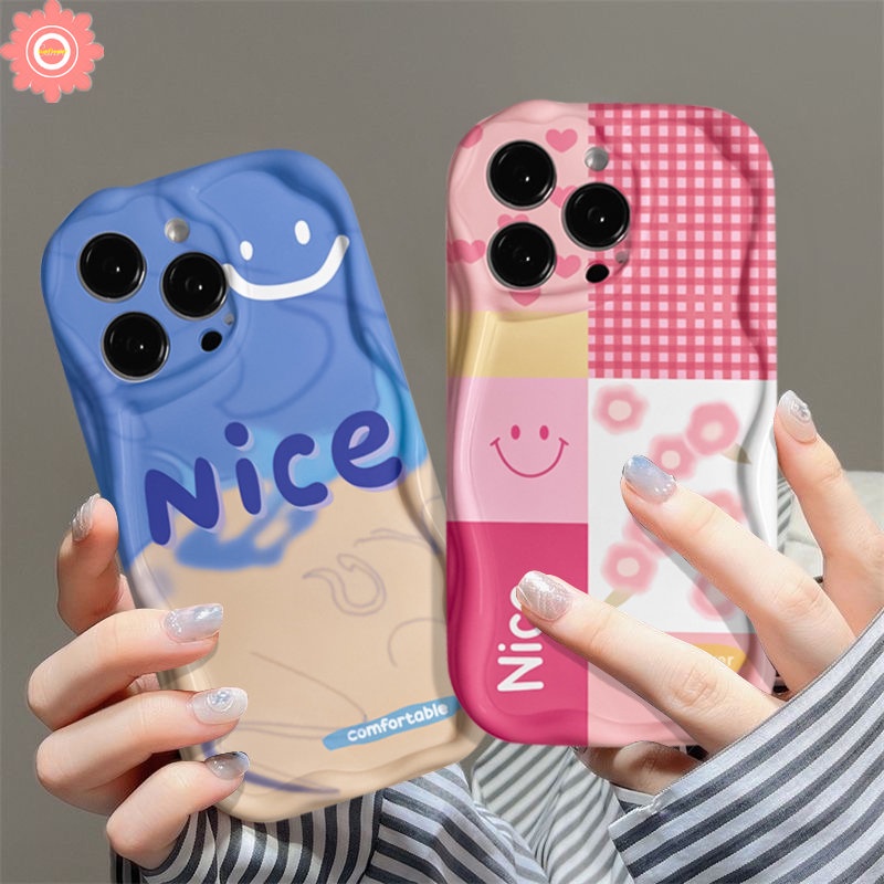 Case Pola Sambungan Bunga Kisi Smiley Lucu Kompatibel Untuk IPhone 7Plus 11xr 14 13 12 Pro Max X7 6s 6 8 Plus XS Max SE 2020lembut Tpu 3D Wavy Curved Edge Glossy Cover