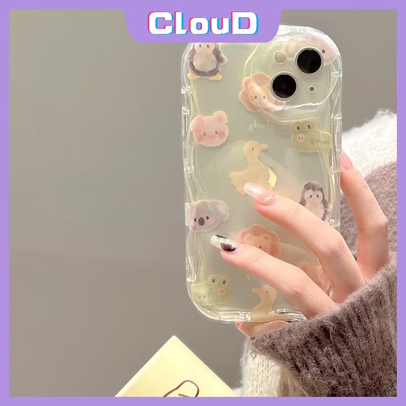 IPHONE Casing Ponsel Kompatibel Untuk Iphone13 11 14 12 Pro Max XR 7Plus 6 7 8 6s Plus X XS Max SE 2020 3D Wavy Curved Edge Cute Rabbit Pig Frog Kartun Hewan Kecil Bebek Beruang Soft Tpu Case