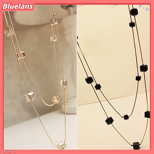 [BLS] Wanita Square Rhinestones Beads 2lapisan Golden Alloy Rantai Panjang Sweater Kalung