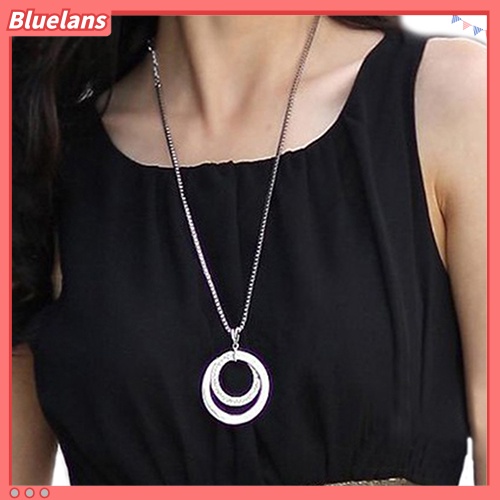 [BLS] Fashion Wanita Kotak Rantai Berlian Imitasi Bulat Lingkaran Liontin Sweater Kalung Perhiasan