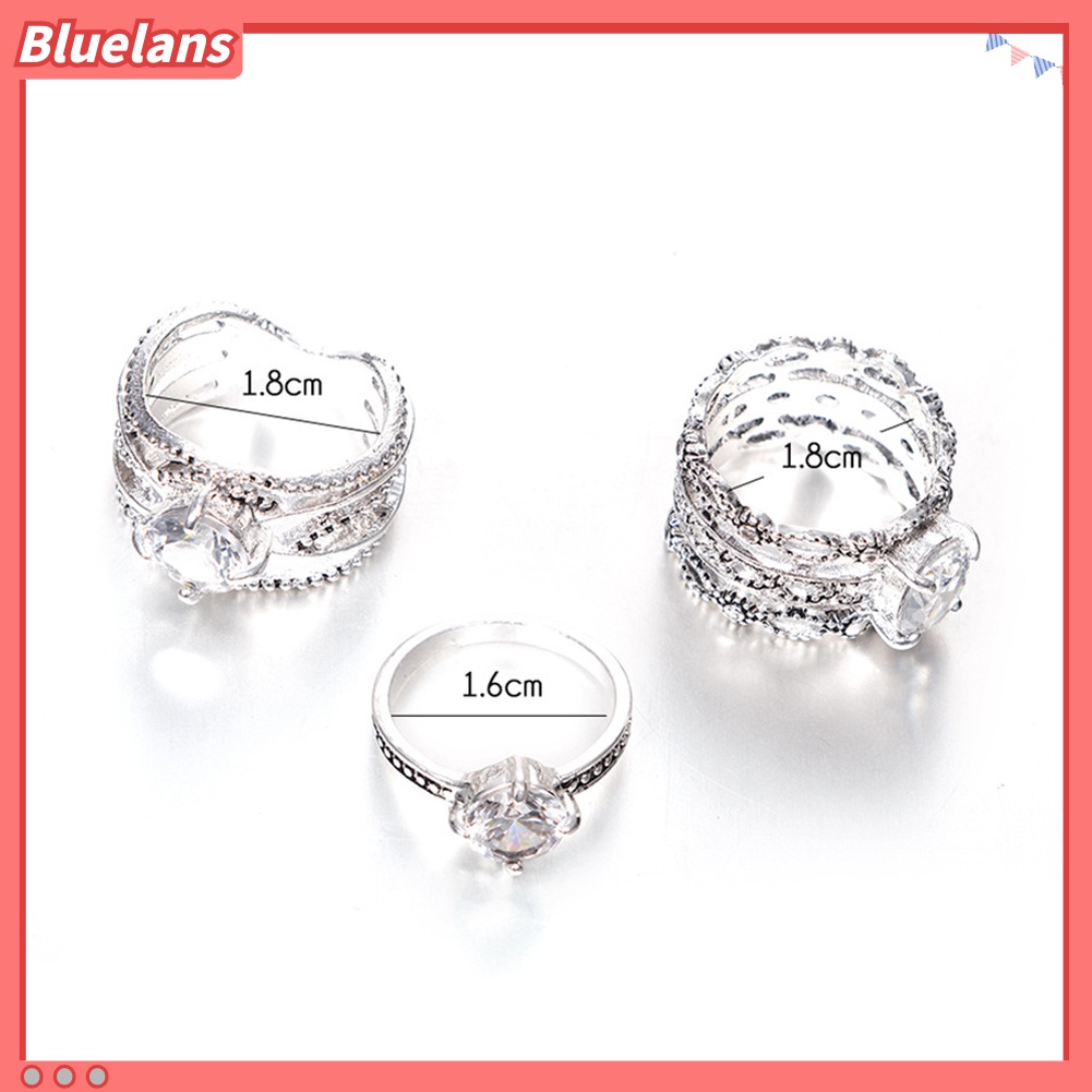 [BLS] 3pcs Vintage Berlian Imitasi Bertatahkan Melubangi Jari Cincin Set Perhiasan Wanita