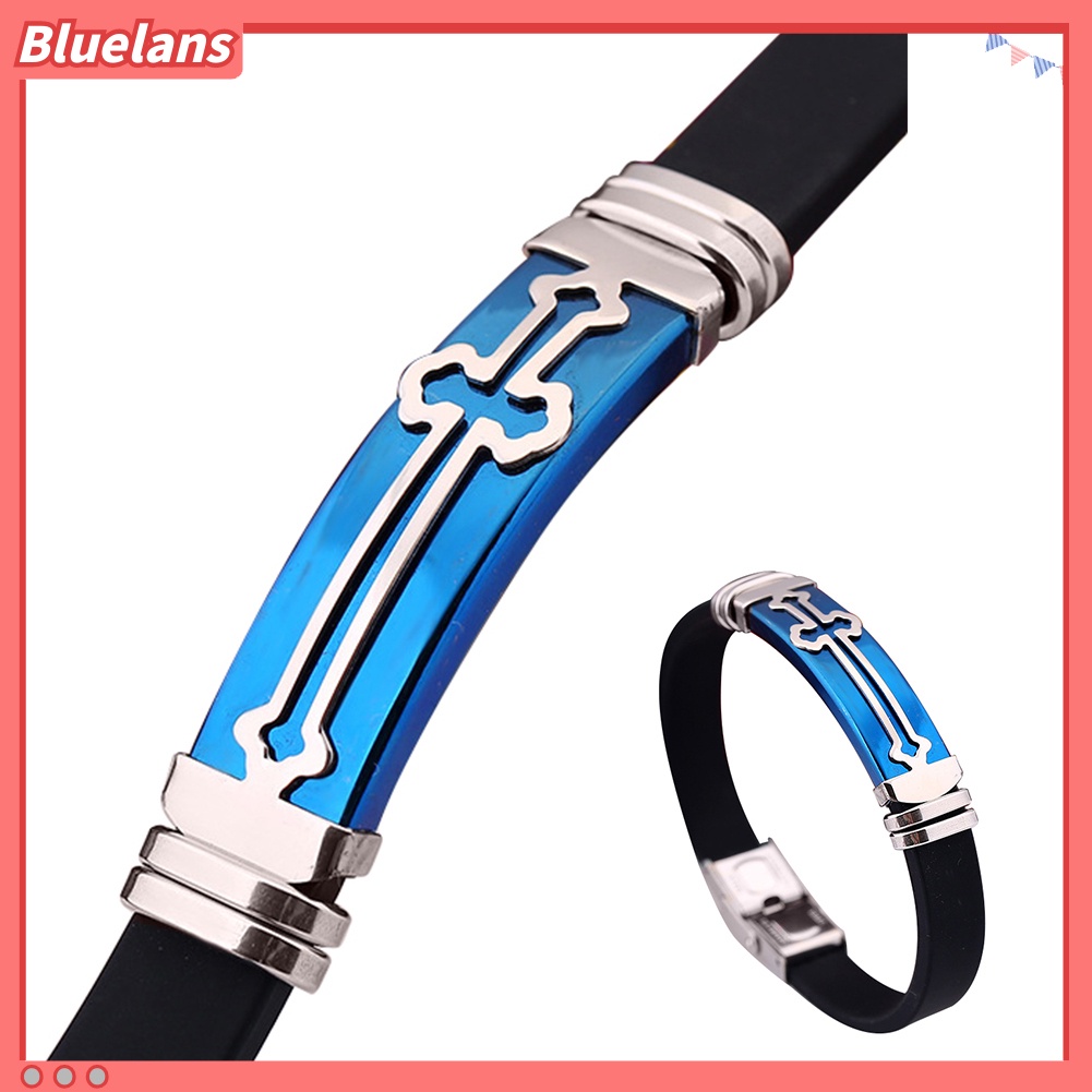 [BLS] Fashion Motif Salib Logam Silikon Band Pria Wrist Decor Gelang Bangle