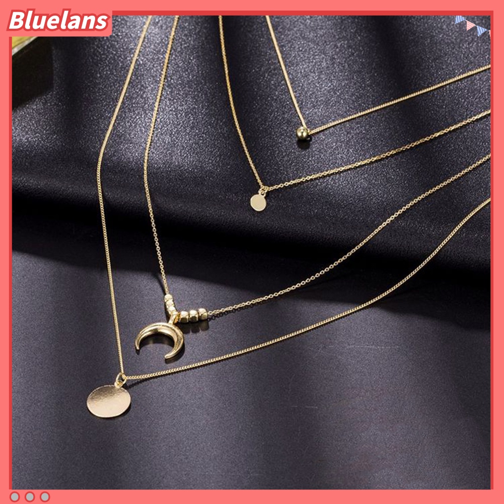[BLS] Wanita Retro Alloy 4lapis Manik-Manik Bulan Liontin Bulat Pesona Rantai Kalung Choker