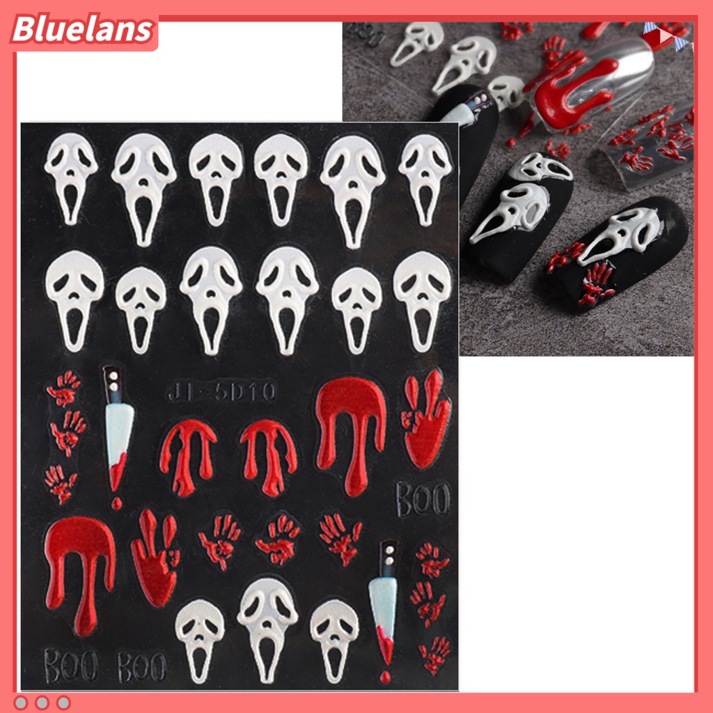 [BLM] Stiker Kuku Pola Horor Tahan Air Kuat Lengket Tidak Luntur Perekat Diri Dekoratif Resin Tulang Tetes Darah Tengkorak Sliders Nail Decals Perlengkapan Kuku