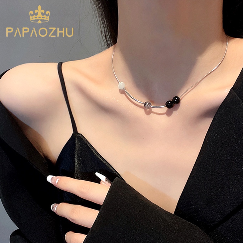 Papaozhu Retro Hitam Putih Opal Beads Kalung Untuk Wanita Gadis Korea Manik Bulat Rantai Tulang Selangka Bergaya Leher Perhiasan Harian