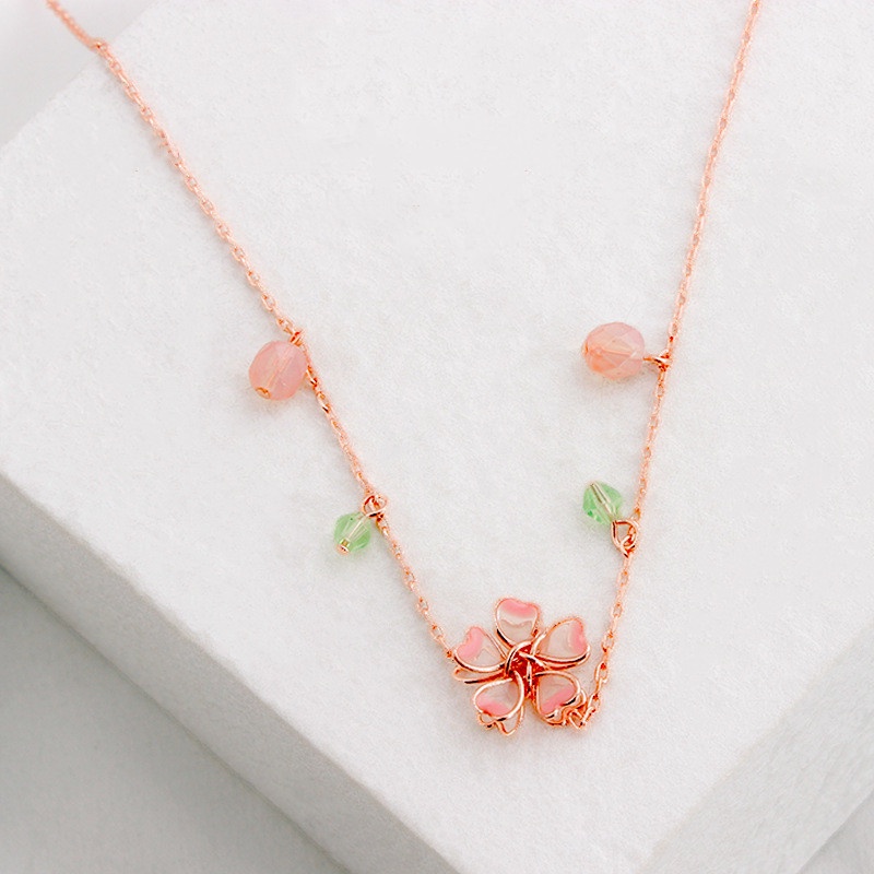Ahellogirl Cherry Blossom Kalung Wanita Musim Panas Desain Sensasi Niche Liontin Kristal Bunga Merah Muda Mewah Manis Sangat Halus Rantai Klavikula