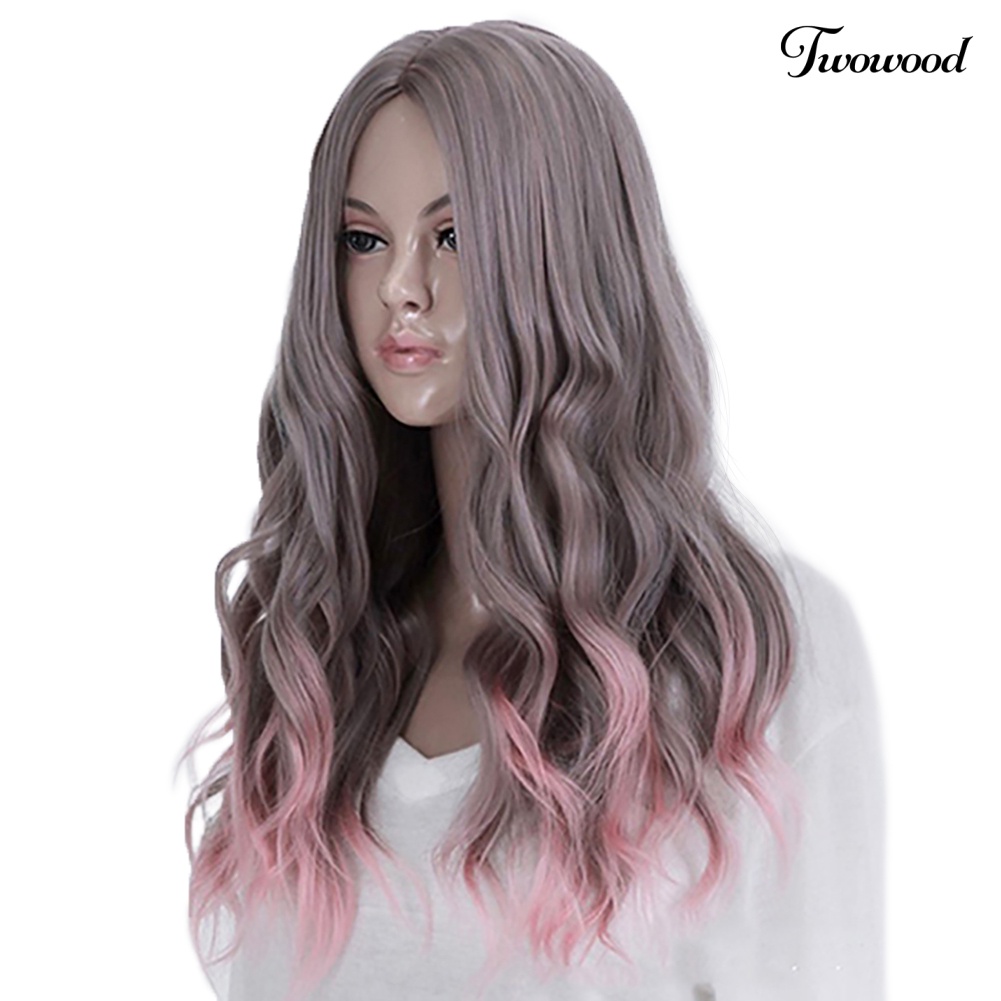 Twowood Lolita Mix Grey Pink Centre Parting Cosplay Rambut Panjang Keriting Bergelombang Full Wig