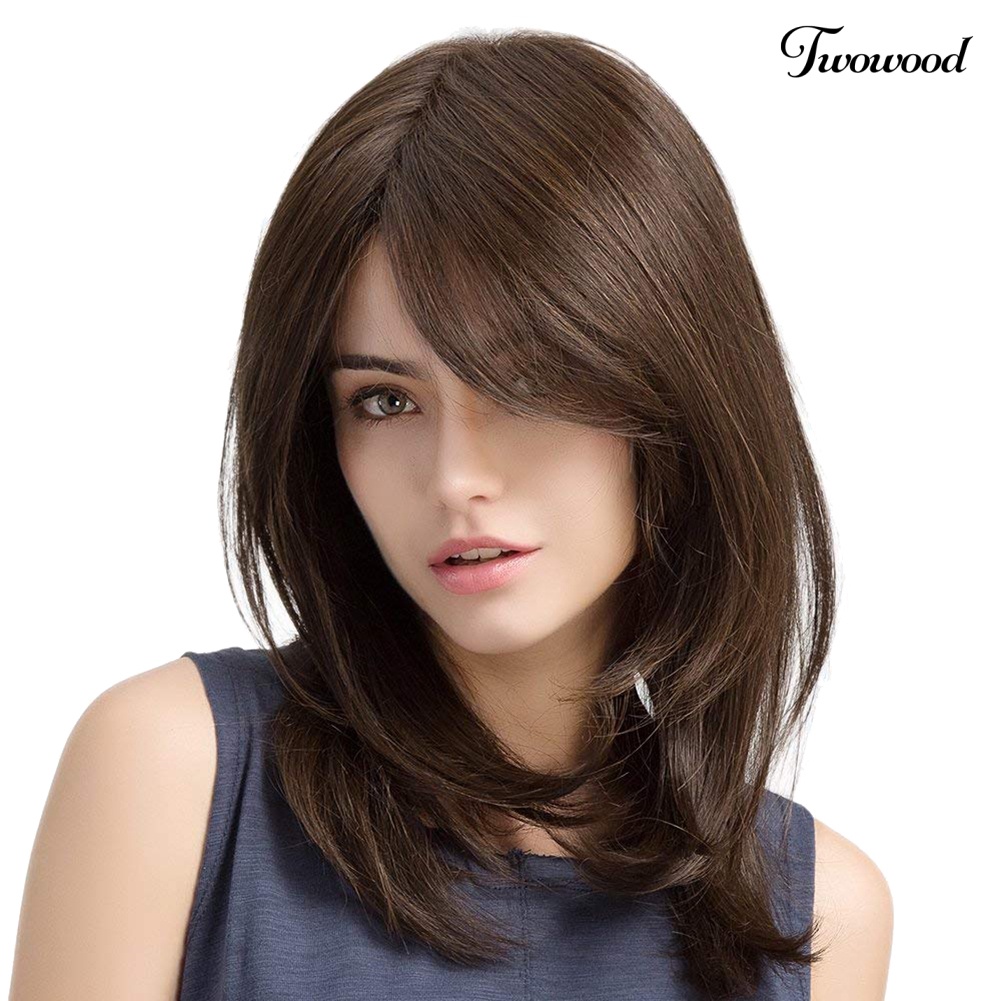 Twowood Fashion Wanita Alami Panjang Lurus Wig Sideswept Poni Cosplay Pesta Sopak